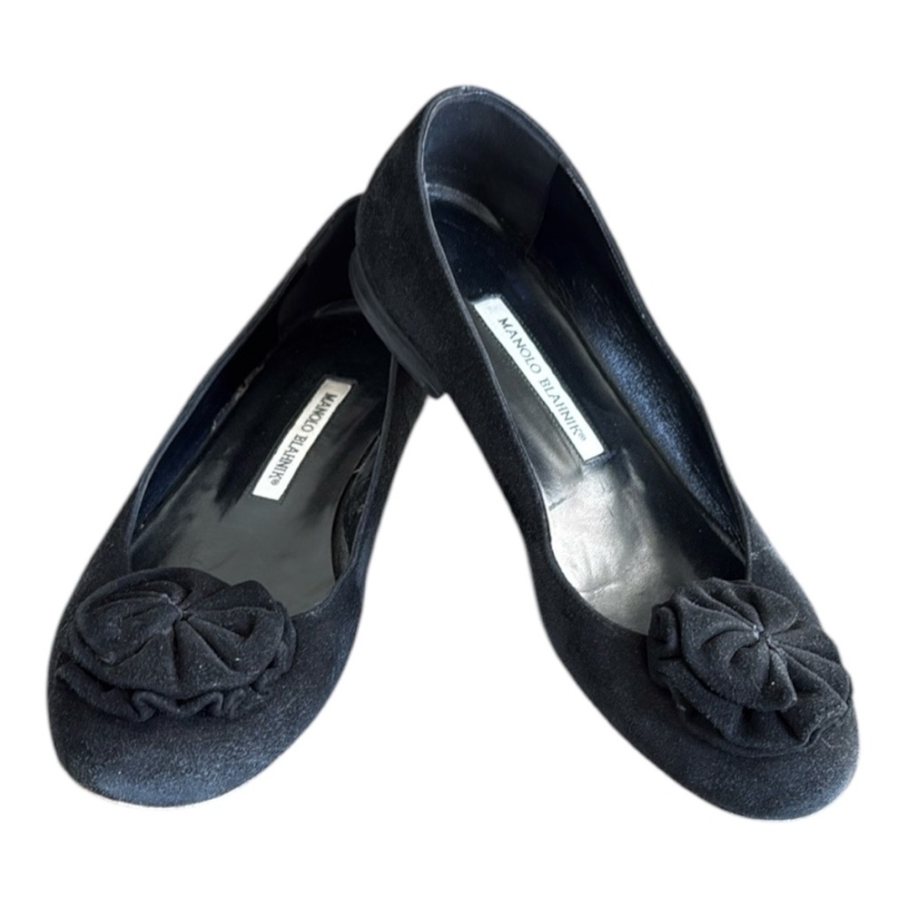 Manolo Blahnik Black Suede Ballet Flats With Rosette Size 38.5 US 8